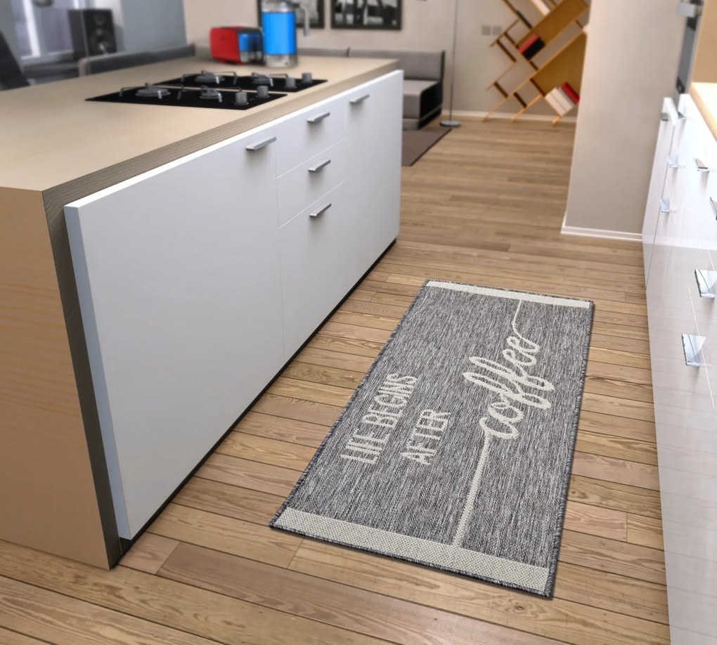 Hanse Home, Behúň Cucina Life Begins After Coffee 105627 Grey Cream, 92x150, šedá, kuchyňa