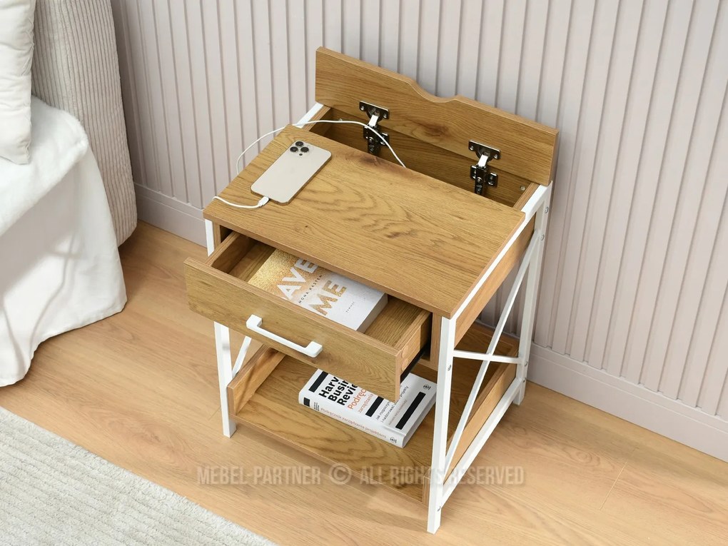 Nočný stolík Torry (dub + biela). Akcia -23%. Vlastná spoľahlivá doprava až k Vám domov. 1111722