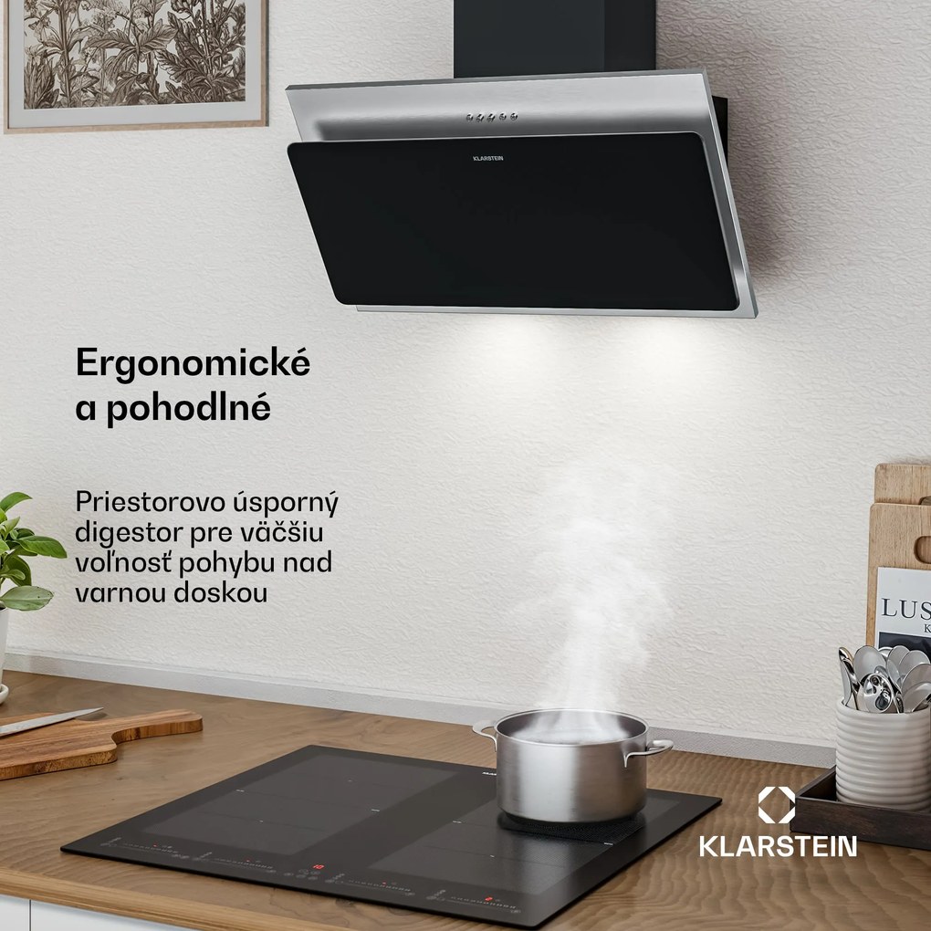 Klarstein Alessia šikmý digestor | režim odsávania vzduchu a recirkulácie | nehrdzavejúca oceľ | 404 m³/h | 60 cm