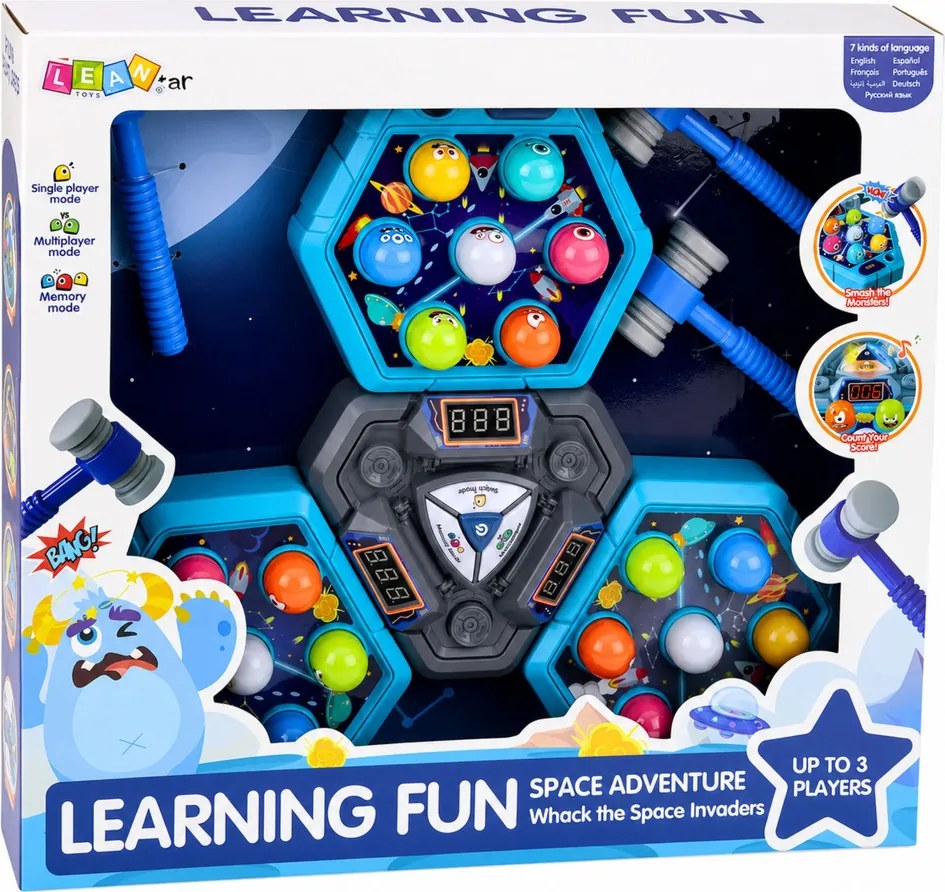 LEAN Toys Obratnostná hra Whack-A-Mole s postavičkami pre 3 hráčov, 3 režimy, svietiace kladivká