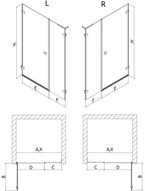 Mexen Lunar-B, L výklopné pravé sprchové dvere 140 cm, 8mm číre sklo, zlatý matný profil, 832SL-140-050-55-00-P