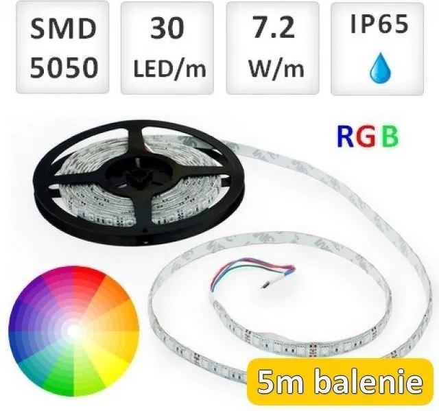 Optonica 5m RGB LED pásik vodeodolný 30 SMD5050 7.2W/m IP65
