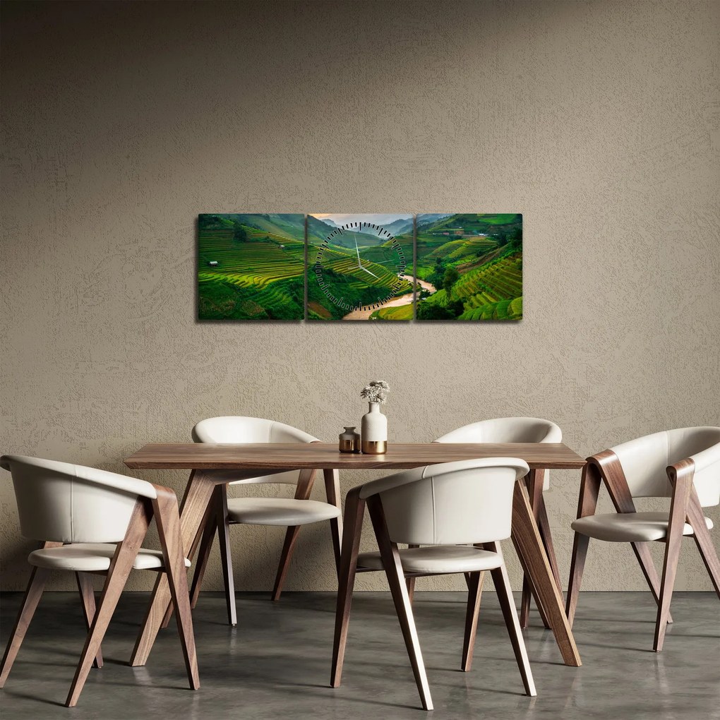 Obraz - Ryžové terasy II. (s hodinami) (90x30 cm)