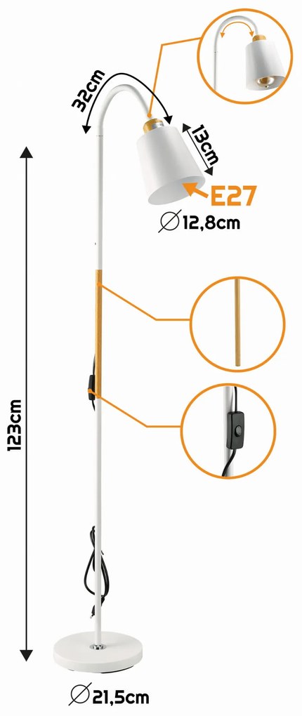 BERGE LED stojacia lampa 1xE27 150cm biela