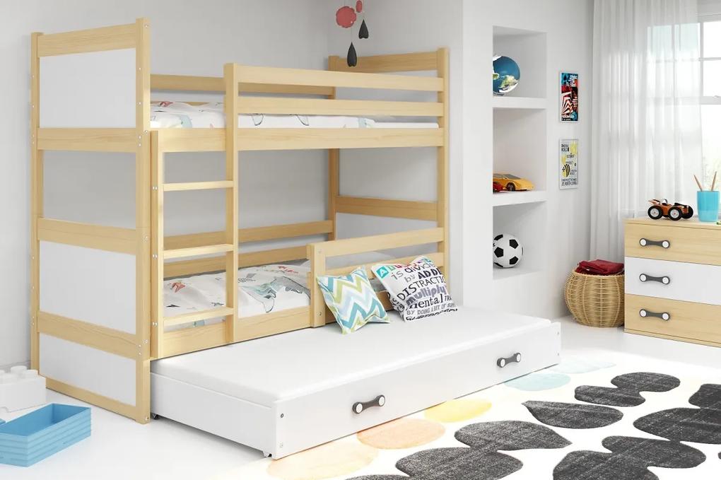 Detská poschodová posteľ s prístelkou Rocky - prírodná-biela 200x90 cm |  BIANO