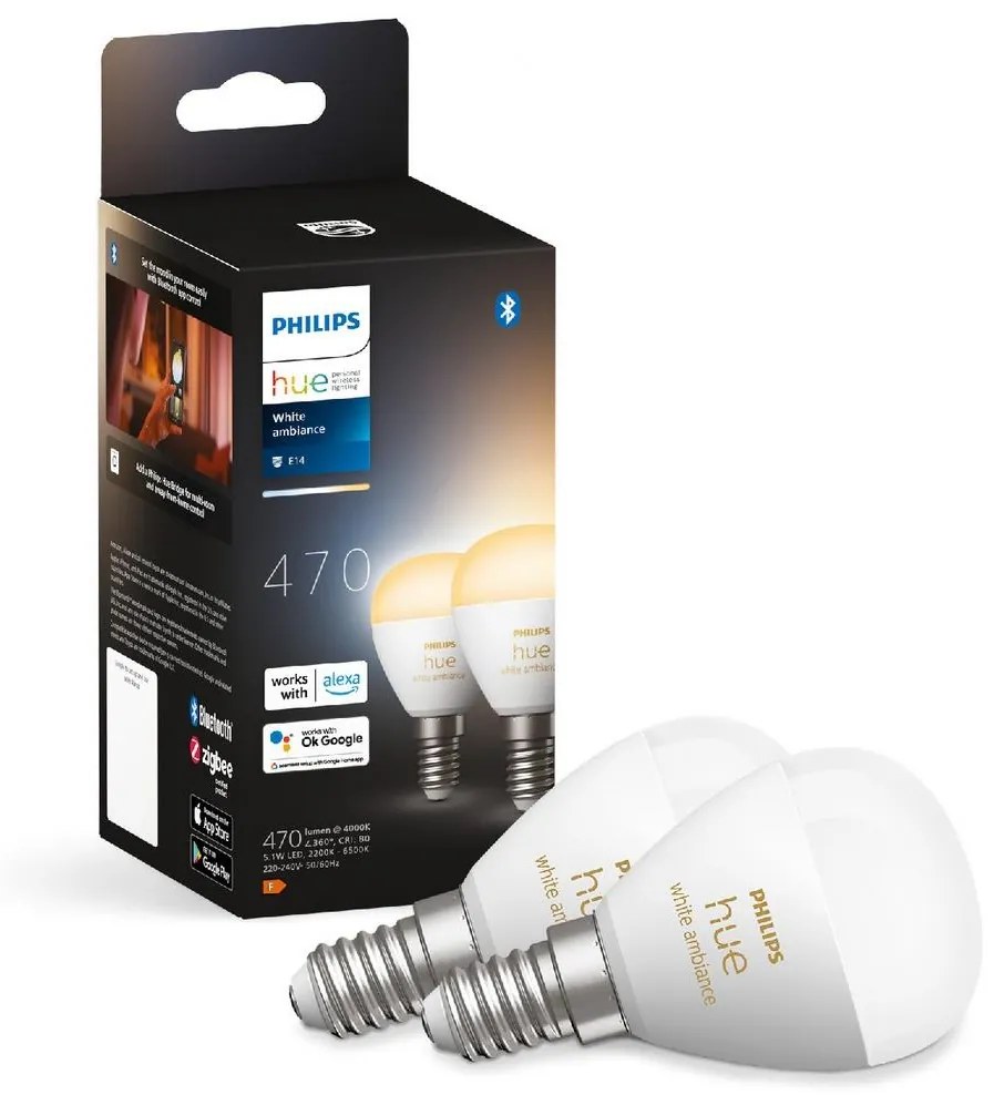 SADA 2x LED Stmievateľná žiarovka Philips Hue WHITE AMBIANCE P45 E14/5,1W/230V