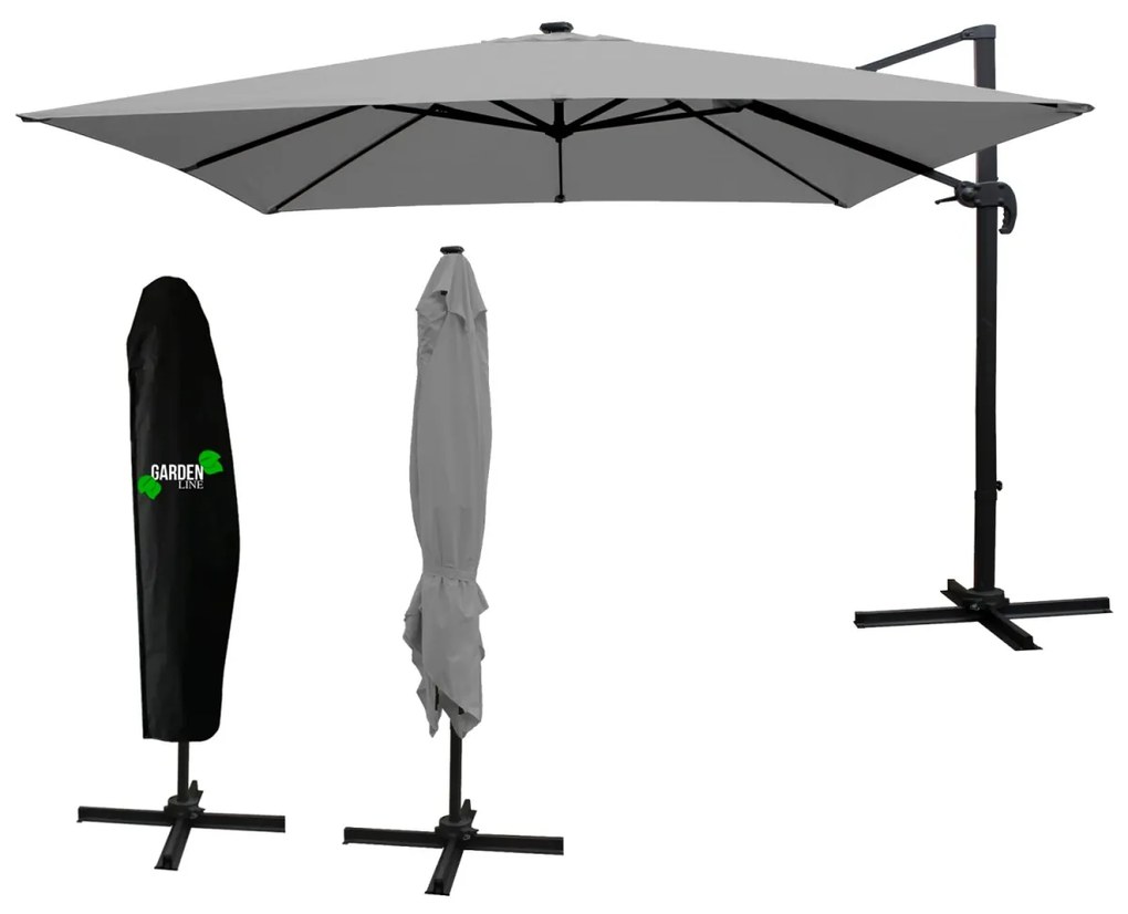 Záhradný slnečník s ochranným obalom a LED osvetlením ROMA 300 x 400 cm sivý