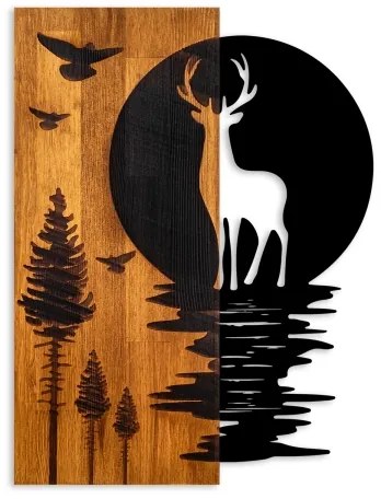Nástenná dekorácia 43x58 cm jeleň a mesiac drevo/kov
