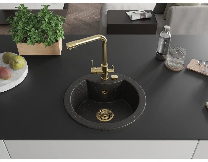 Mexen Diego, 1-komorový granitový drez 488x488x167 mm, zlatá batéria Duero, čierna - zlatá metalíza, 6512-75-671600-50