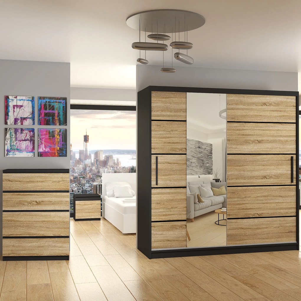 Šatníková skriňa 200 cm Belini čierny mat / dub sonoma s posuvnými dverami zrkadlom a zásuvkami  MBP SZP5/1/B/DS/0/KLP