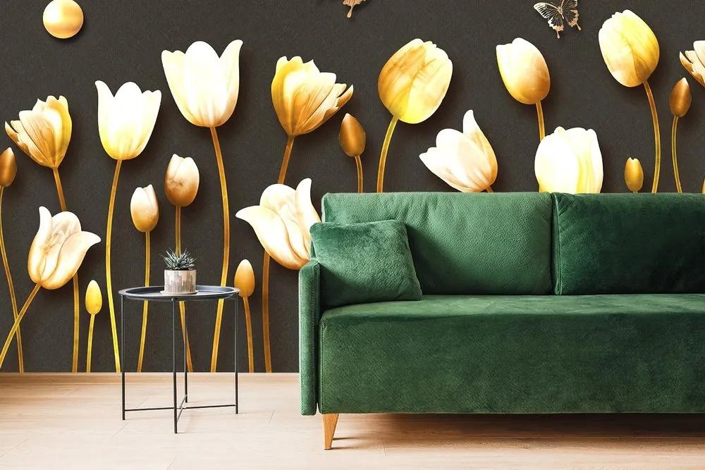 Samolepiaca tapeta tulipány so zlatým motívom - 225x150