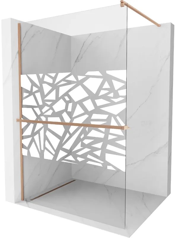 Mexen Kioto+, sprchová zástena Walk-In s poličkou a vešiakom 120 x 200 cm, 8mm číre sklo biely vzor, medený matný profil, 800-120-121-65-85