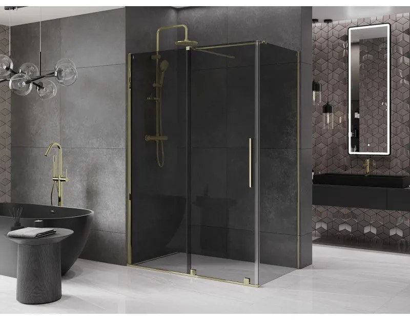 Mexen Velar, sprchový kút s posuvnými dverami 150 x 80 cm, 8mm šedé sklo, zlatá lesklá, 871-150-080-41-50