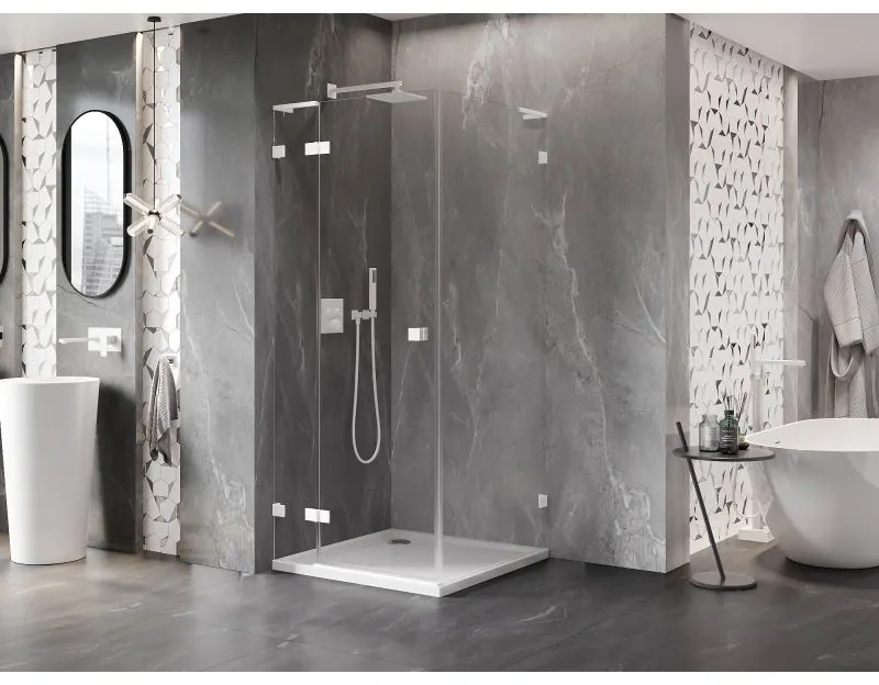 Mexen Lunar, L sklápací sprchový kút ľavý 70 x 70 cm, 8mm číre sklo, biely profil, 834L-070-070-20-00-L