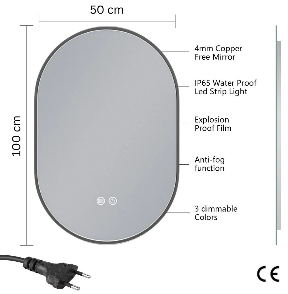 Erga Freya, oválne LED zrkadlo 50x100cm v čiernom kovovom ráme, 3 farby svetla, zadné osvetlenie, vyhrievacia podložka proti zapareniu, ERG-V01-FREYA-5010-BK