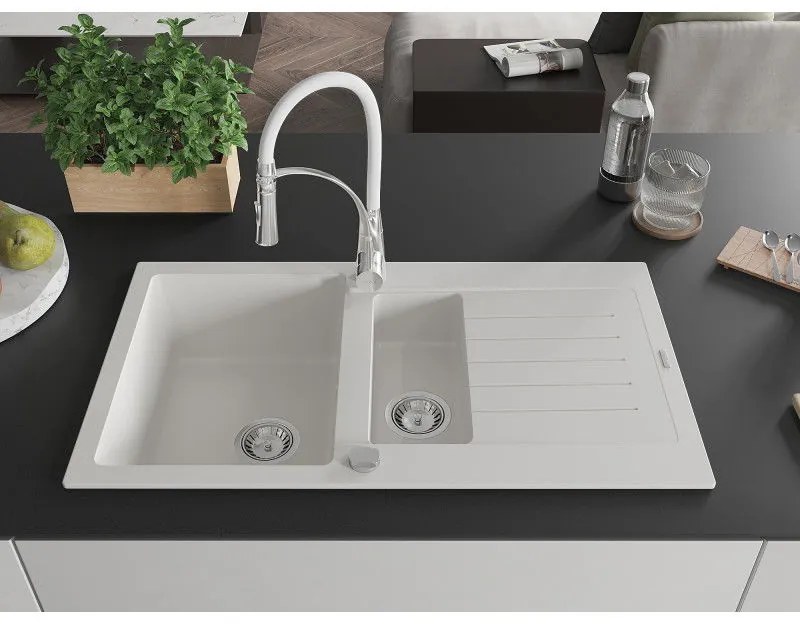 Mexen Matias, granitový drez 900x505x200 mm, 1,5-komorový a drezová batéria Aster, biela, 6502-20-73450-02