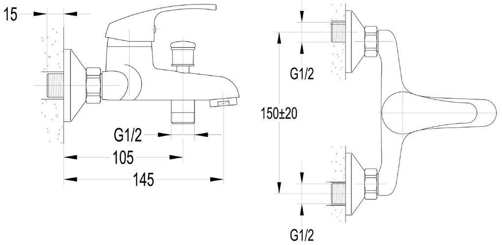 Aqualine, AQUALINE 35 Nástenná vaňová batéria, rozteč 150mm, chrómová, 52118