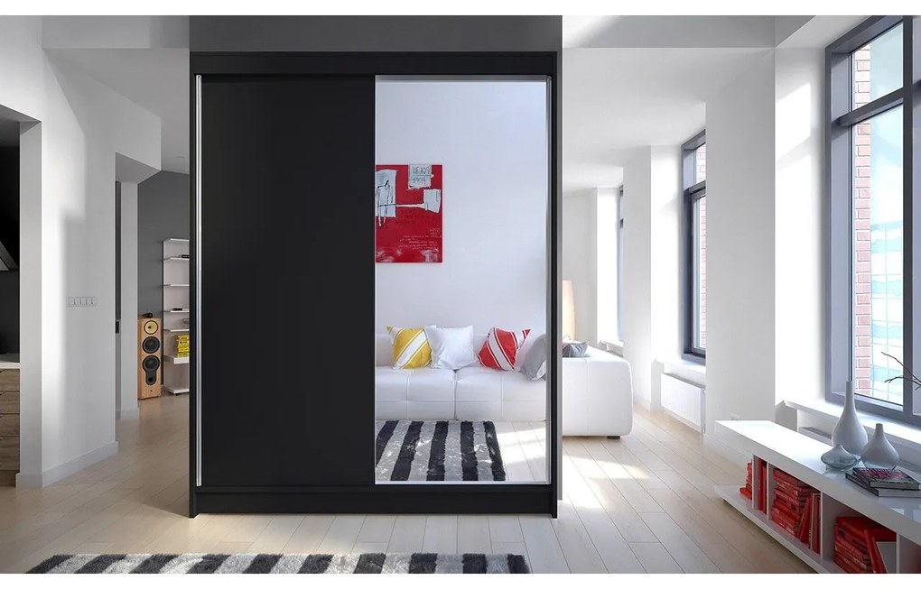Skriňa s posuvnými dverami Belgia I, Farby: čierna / biela + zrkadlo, Osvetlenie: osvetlenie LED RGB - farebné