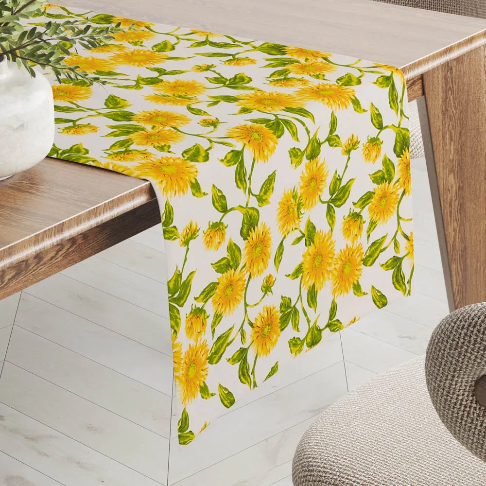 Biante Bavlnený behúň na stôl Sandra SA-602 Slnečnice na bielom 35x140 cm
