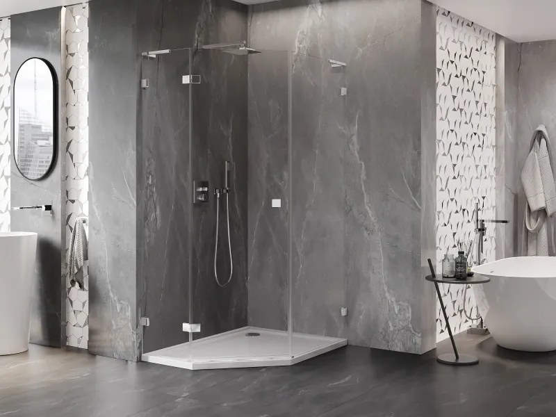 Mexen Lunar, L päťuholníkový sprchový kút naklápací doľava 80 x 100 cm, 8mm číre sklo, chrómový profil, 831L-080L-100P-01-00-L