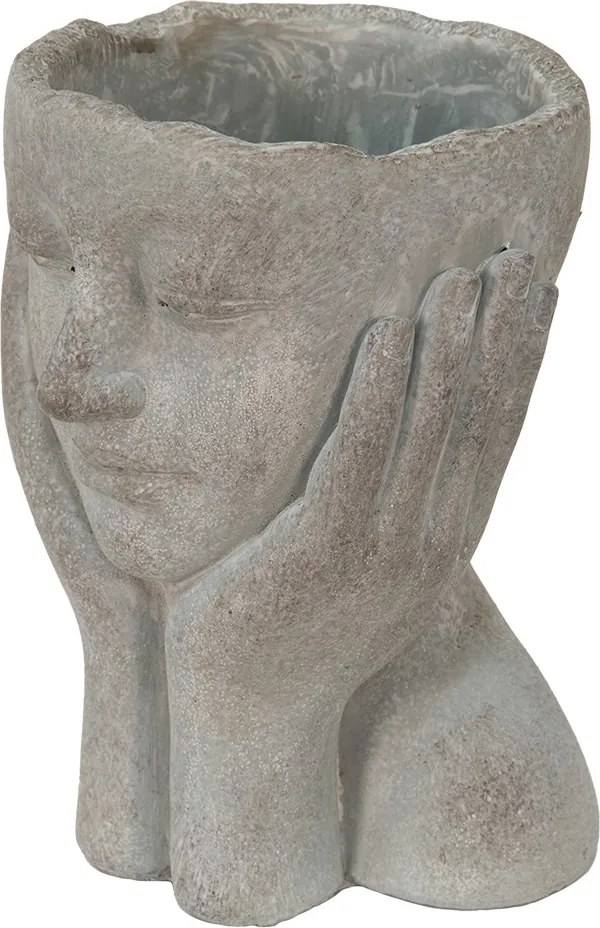 Šedý cementový kvetináč hlava ženy v dlaniach - 16*16*22 cm