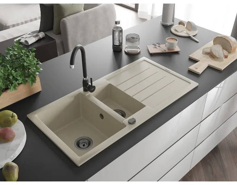 Mexen Andres, granitový drez 1000x500x200 mm, 1,5-komorový, béžová s čiernym sifónom, 6515101510-69-B