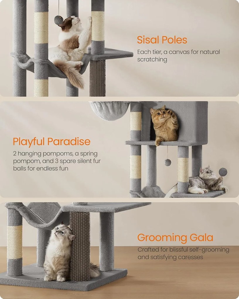 Feandrea veľký strom pre mačky, 175 cm vysoká mačacia veža v sivej farbe