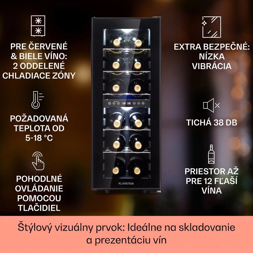 Klarstein Shiraz 12 Duo vinotéka 2 zóny 42L/12 fliaš 5-12 / 12-18 °C Touch