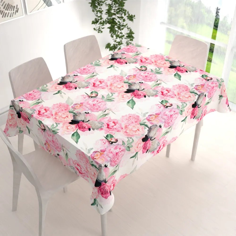 Biante Zamatový obdĺžnikový obrus Tamara TMR-037 Ružové pivonky na bielom 50x100 cm