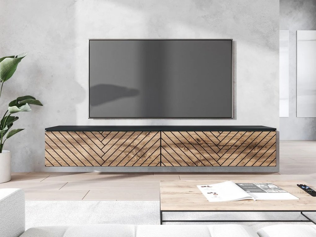 TV stolík/skrinka Dlone 180 MDF, Farby: biały / biały jodełka, Osvetlenie: bez osvetlenia