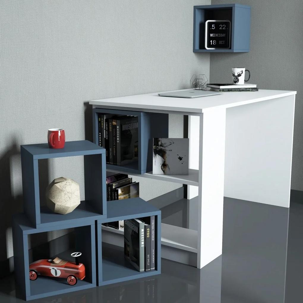 Písací stôl s knižnicou a policou Boxe biely/modrý