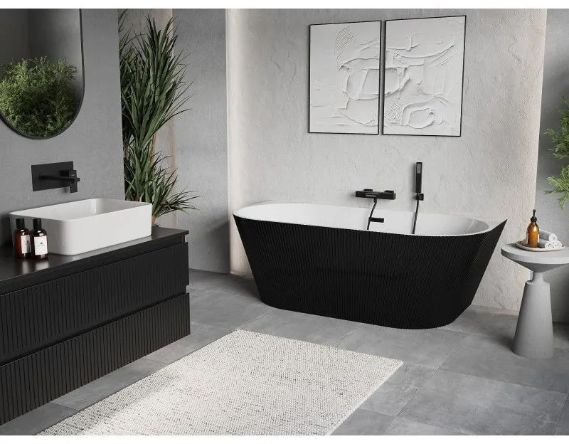 Mexen Oris, voľne stojaca ryhovaná vaňa 150 x 75 cm, biela-čierna, čierny matný prepad, 52871507575-70
