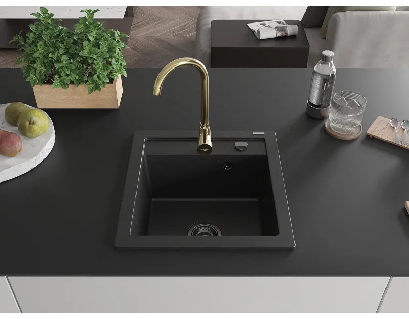 Mexen Vito, 1-komorový granitový drez 520x490x210 mm, zlatá batéria Telma, čierna, 6503-77-670200-50-B