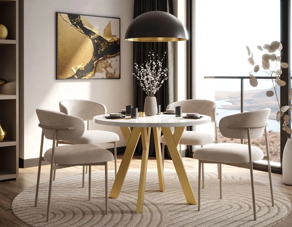 OKRÚHLY ROZKLADACÍ JEDÁLENSKÝ STÔL EWALD BIELY LESK + ZLATÉ NOHY 100/140 cm