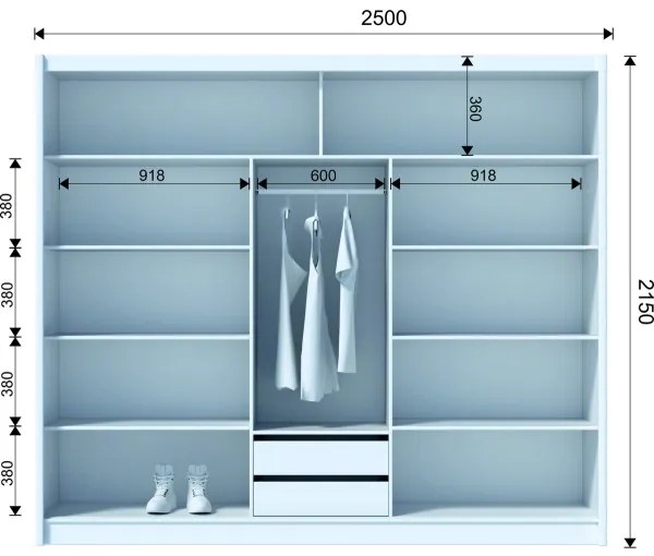Šatníková skriňa so zrkadlom SANTINO 250x215 cm čierna/dub craft