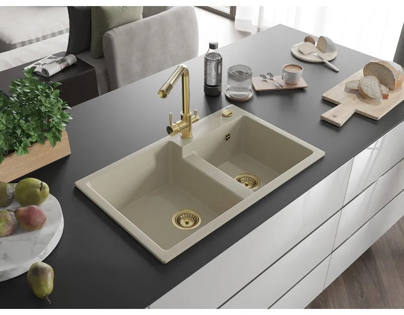 Mexen Tomas, granitový drez 800x500x190 mm, 2-komorový a zlatá batéria Duero, béžová, 6516-69-671600-50