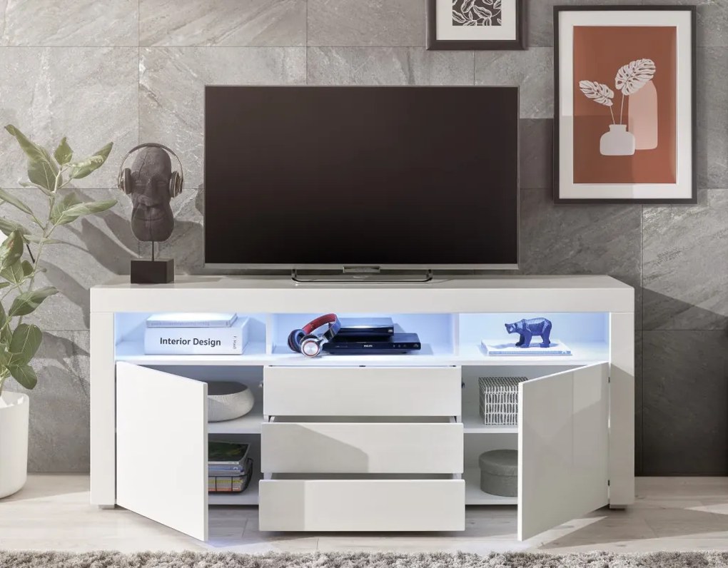 Široká TV skrinka Leeds, biela lesk, s osvetlením