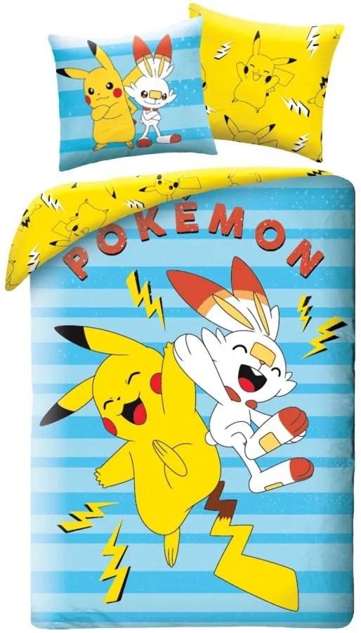 Obojstranné posteľné obliečky Pokémoni Pikachu a Scorbunny - 100% bavlna - 70 x 90 cm + 140 x 200 cm