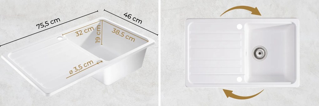 Sink Quality Sapphire, kuchynský granitový drez 755x460x190 mm + zlatý sifón, biela, SKQ-SAP.W.1KDO.XG