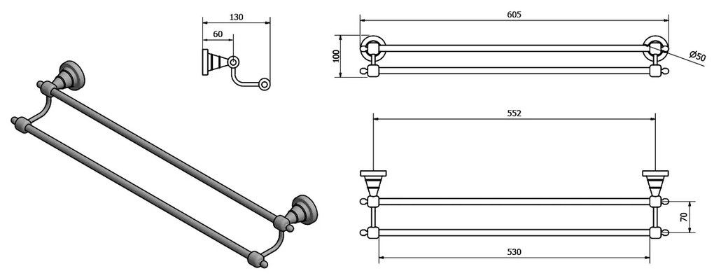 SAPHO 1318-11 Diamond dvojitý držiak uterákov 60 cm, bronzová