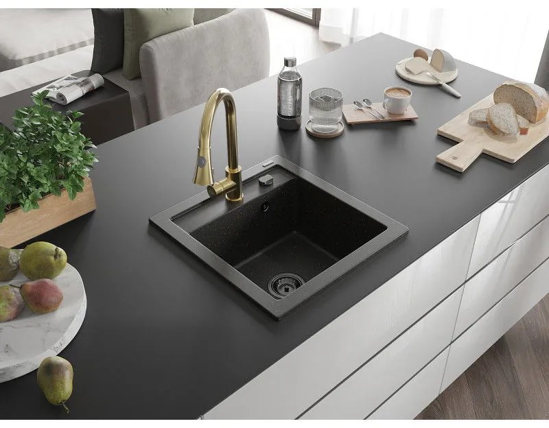 Mexen Vito, 1-komorový granitový drez 490x520x210 mm a drezová batéria Elia, čierna-zlatá metalíza, 6503-75-670101-50-B