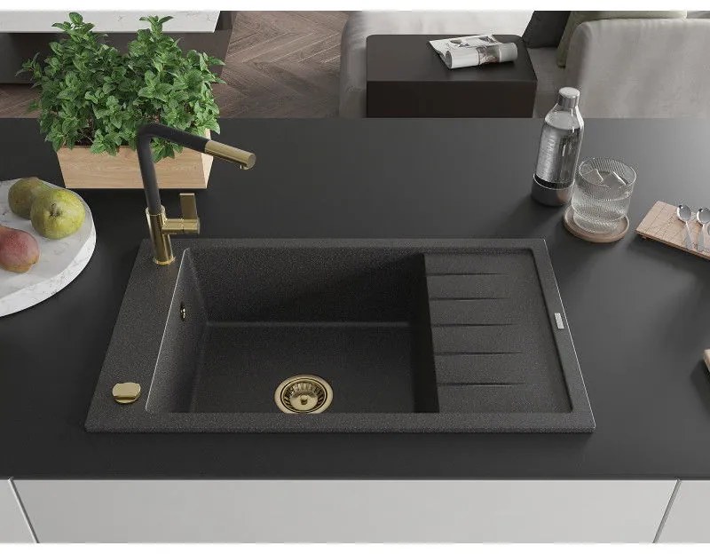 Mexen Elias, 1-komorový granitový drez 795x480x200 mm a drezová batéria Flora, čierna škvrnitá, 6511-76-670401-57-G