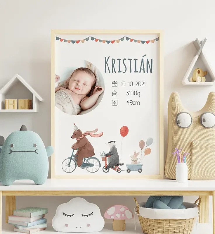 interesi Plagát s fotkou a menom - zvieratká na bicykli