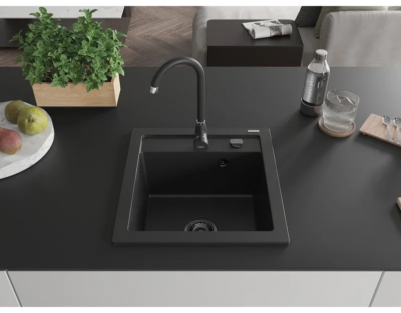 Mexen Vito, 1-komorový granitový drez 520x490x210 mm, čierna matná batéria Telma, čierna, 6503-77-670200-70-B