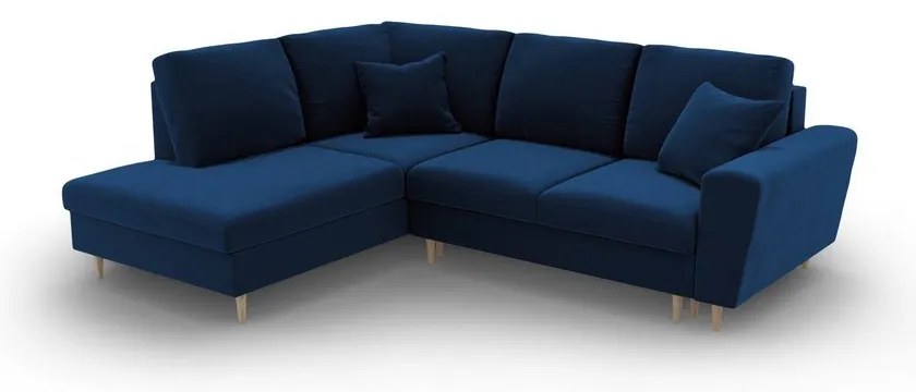 Modrá zamatová rozkladacia/s úložným priestorom rohová pohovka (ľavý roh/do L) Kyoto – Cosmopolitan Design