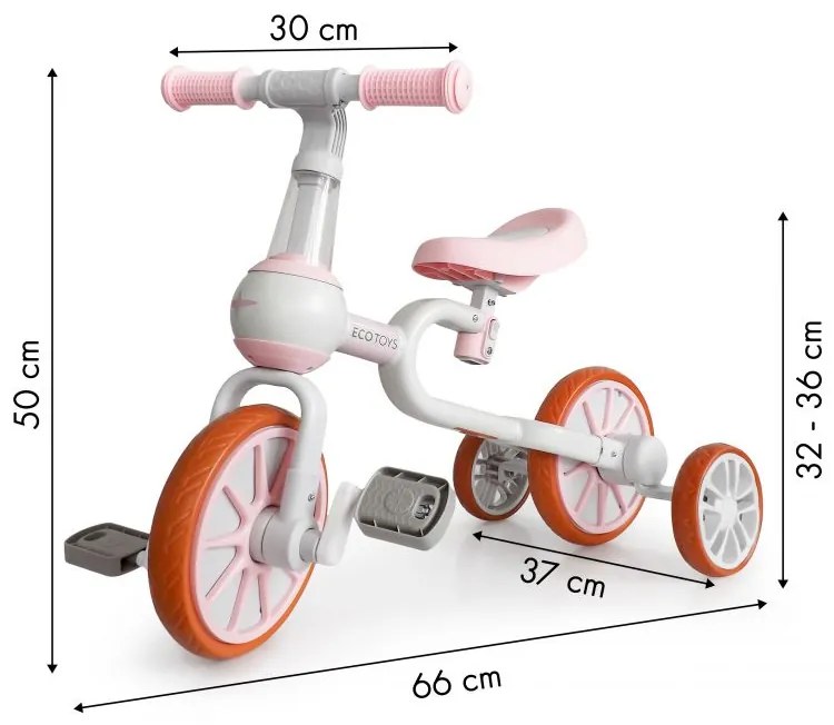 Detský bicykel, odrážadlo v ružovej farbe Ecotoys 4v1