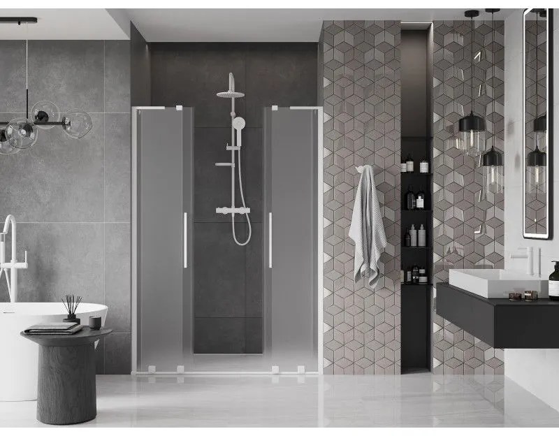 Mexen Velar L Duo, posuvné sprchové dvere do otvoru 160 cm, 8mm sklo námraza, biela matná, 871-160-003-32-20