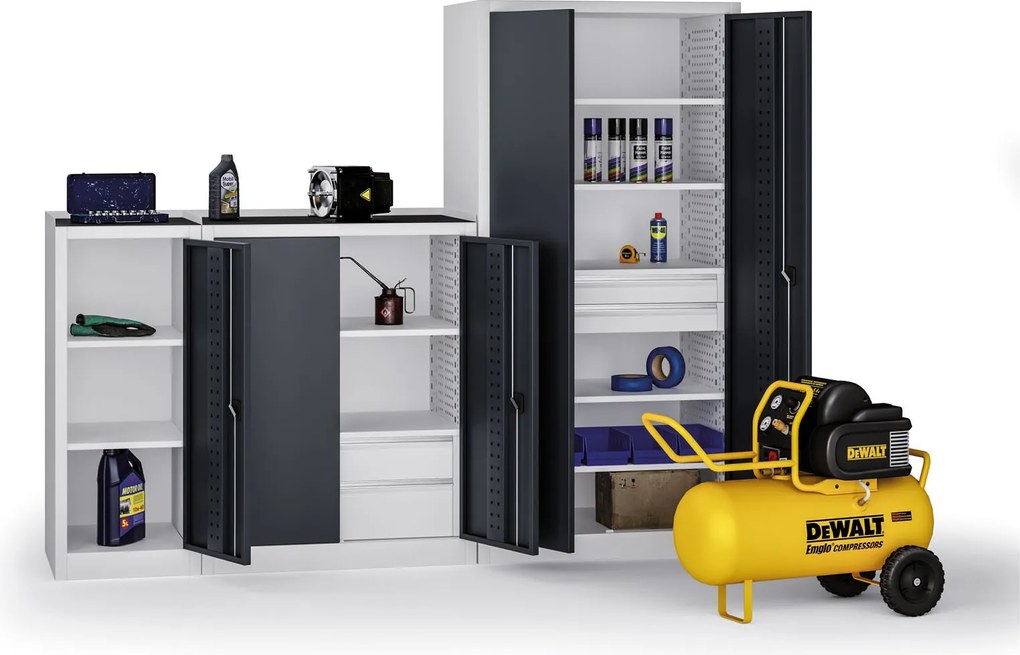 Policová dielenská skriňa na náradie KOVOS, perforovaný panel, 4 police, 2 zásuvky, 950 x 600 x 1950 mm, grafit