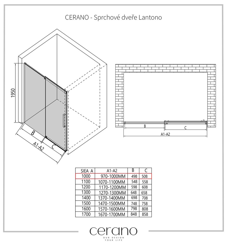 Cerano Lantono, posuvné dvere do otvoru 100x195 cm, 8mm číre sklo, chrómový profil, CER-CER-431890