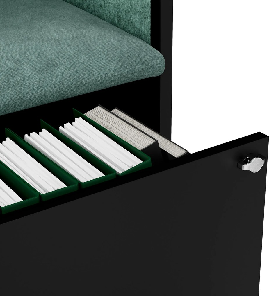 Kancelárska akustická kabína so sedadlom a portom USB-C, telo v čierny farbe / sedadlo v zelenej farbe, 1150 mm: SALLY MentalBox